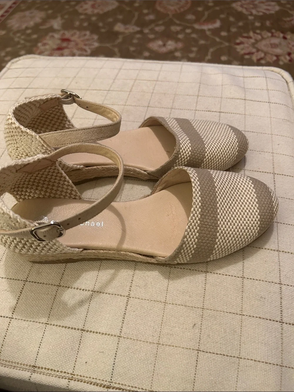 Eric Michael Striped Ankle-Strap Espadrilles in Taupe and Cream